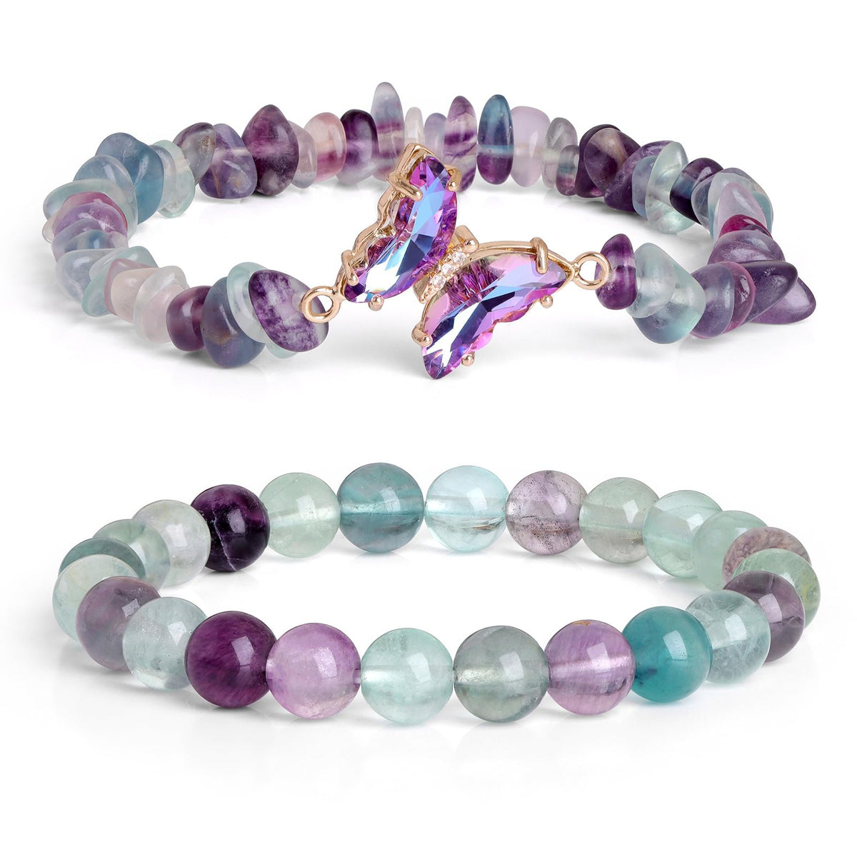 GolbalJew Fluorite Stone Bracelet for Women Healing Crystal Stone Bracelets Green Gemstone Beads Stretch Bracelet Butterfly Charms Jewelry Women Gift