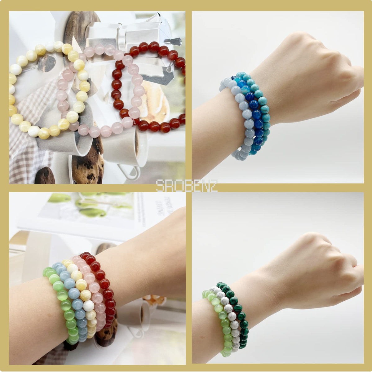 SROBENZ 12 PCS Gemstone 8mm Round Beaded Bracelet Set Healing Crystal Stone Stretch Bracelets for Women Men Round Beads Elastic Bracelets