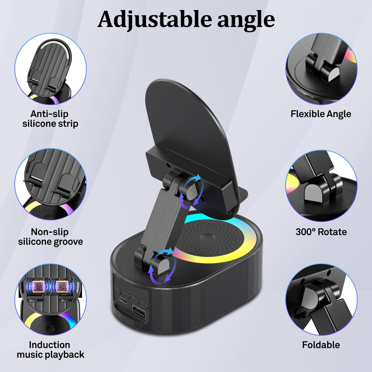 AKLLCCR Wireless Induction Audio Bluetooth Speaker 5in1 Phone Holder Emergency Rechargeable (3000mAh) with Colorful Ambient Light 300° Foldable for Tablet iPhone Android, Gifts for Men Women (Black)