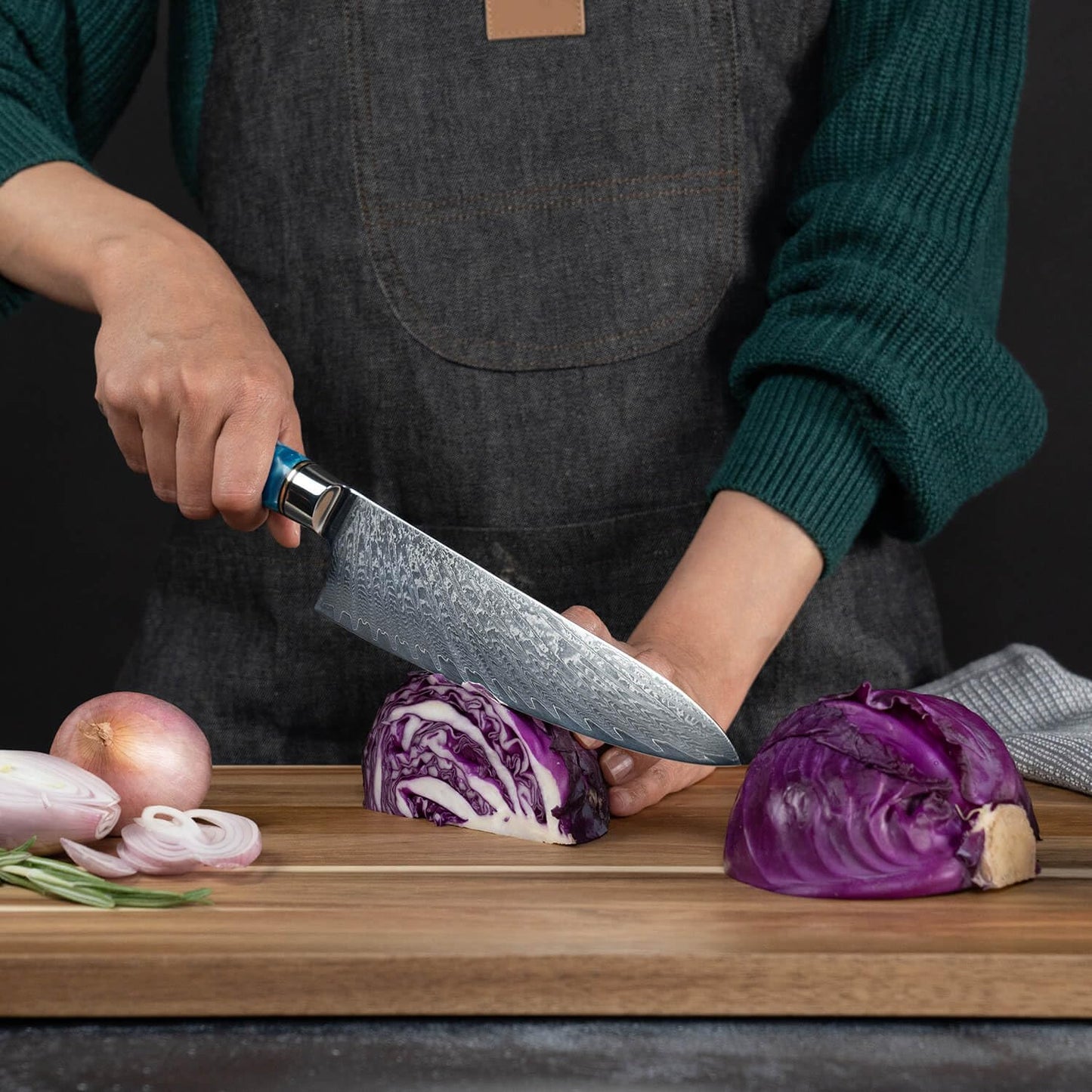 SENKEN 15-Piece Damascus Knife Block Set - "Tsunami" Collection Japanese Chef Knife Set - 67-Layer Japanese VG10 Steel Blades, Includes Chef Knife, Cleaver, 6 Steak Knives (Blue)