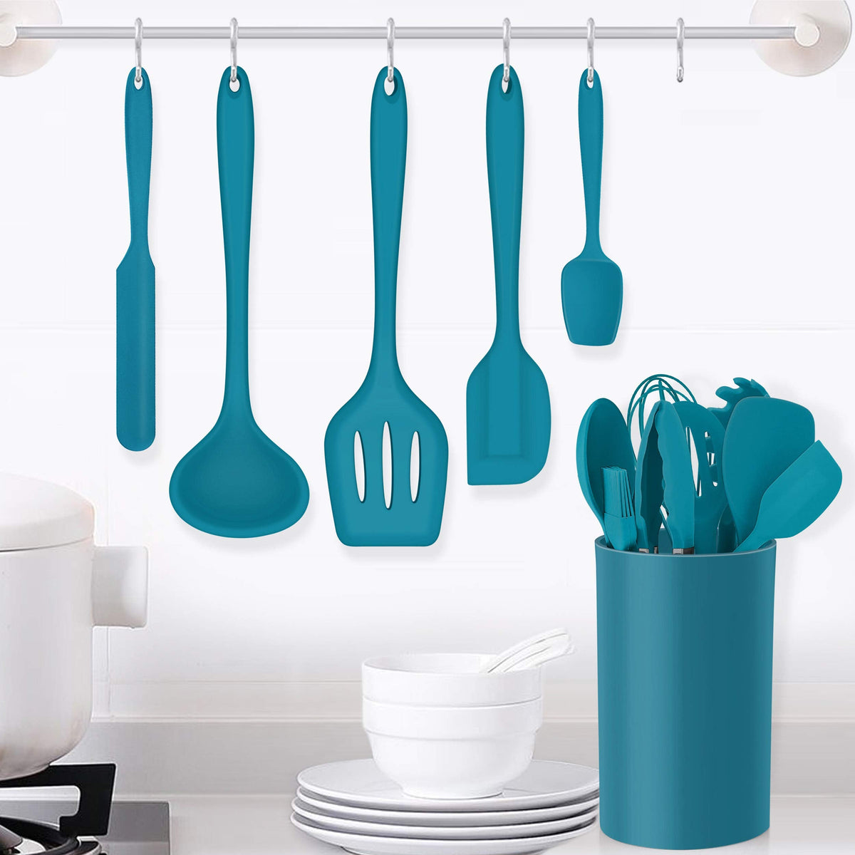 LIANYU 14 Pcs Cooking Utensils Set with Holder, Heat Resistant Silicone Kitchen Cookware Utensils Set, Kitchen Cooking Tools Includes Spatula Spoon Turner Whisk Tong, Dishwasher safe, Dark Blue