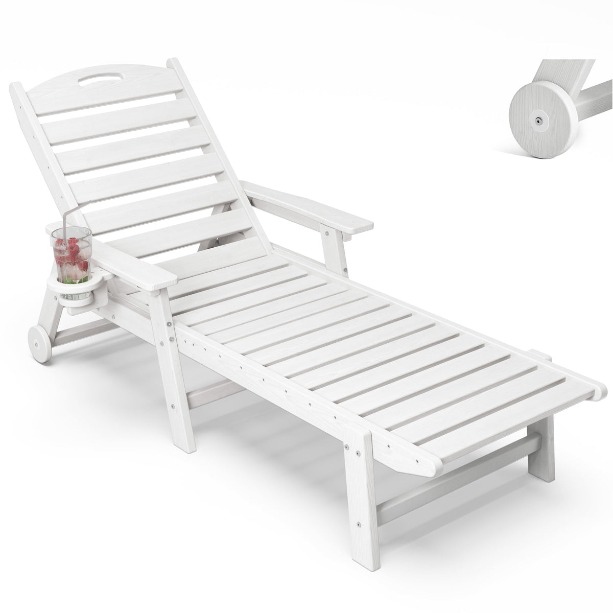 Patio Chaise Lounge Chair Set of 2, HDPE Outdoor Lounge Chairs with 5-Position Adjustable Backrest, Cup Holder and Wheels, 450lbs Capacity for Poolside Deck Backyard, All Weather Material(Gray)