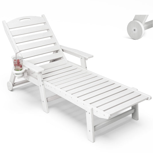 Patio Chaise Lounge Chair Set of 2, HDPE Outdoor Lounge Chairs with 5-Position Adjustable Backrest, Cup Holder and Wheels, 450lbs Capacity for Poolside Deck Backyard, All Weather Material(Gray)