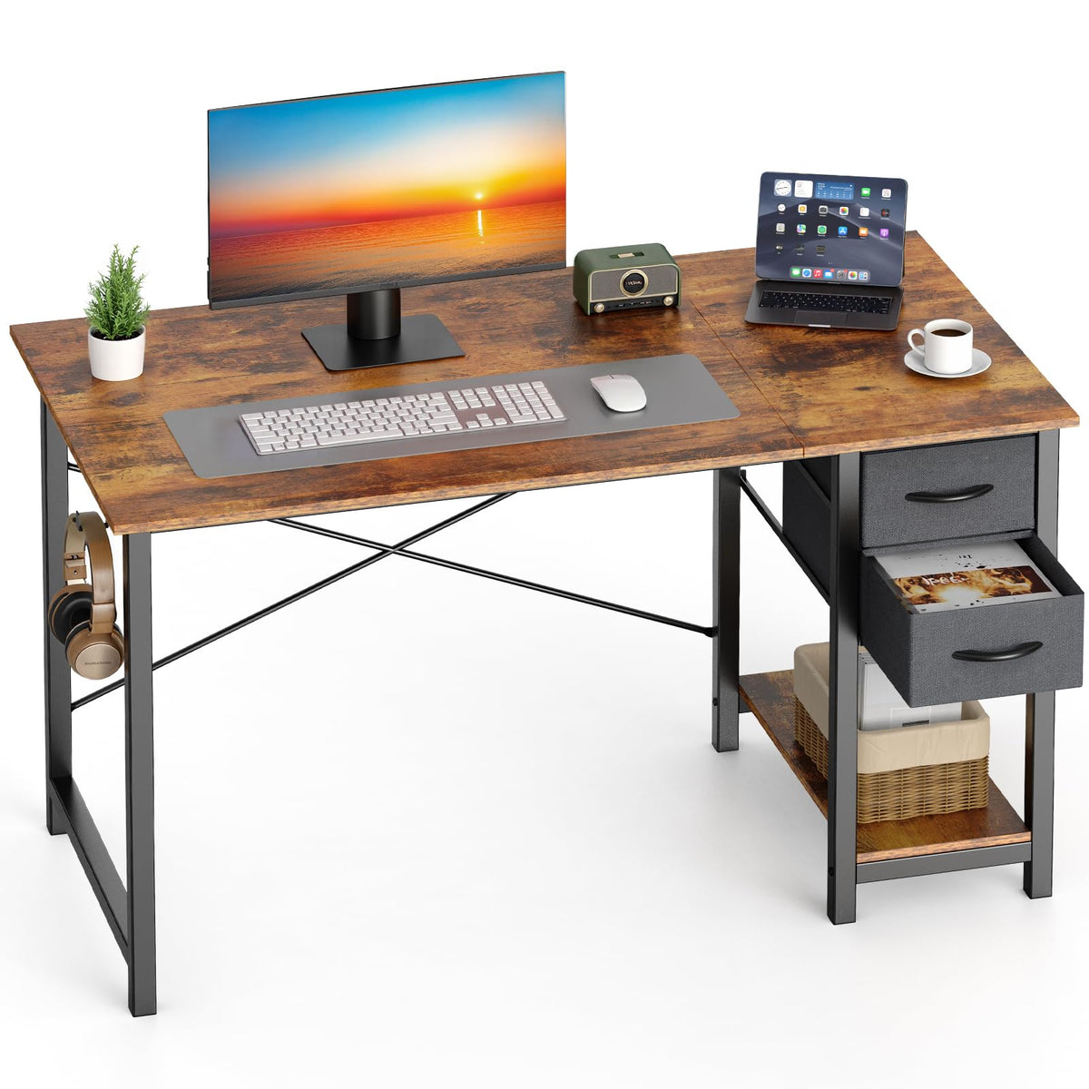 Sweetcrispy 40 Inch Computer Desk with Drawers for Home Office, Writing Desk with X-Shaped Reinforcement, Wood Table with Adjustable Position Drawers, Modern Study Work Table with Side Hook, Rust