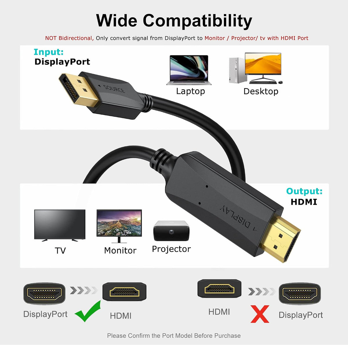 4K 10 2-Pack (4k, 2880P,2160P, 1440P, 1080P) DisplayPort to HDMI Cable Feet, DP (Display Port) to HDMI Cord Male