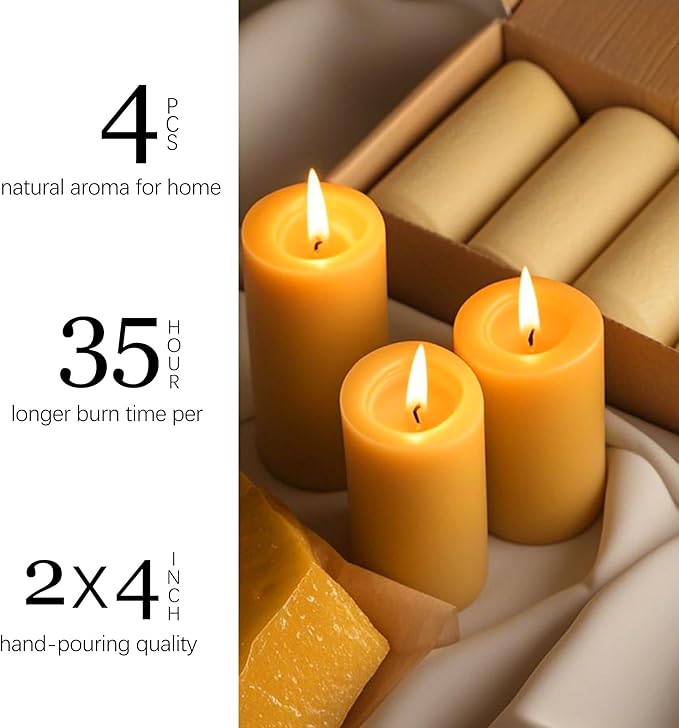 Natural Beeswax Candles 4 Packs, Beeswax Pillar Candles with 140 Hours Burn Time, Organic Emergency Candle Long Burning for Home Room, Smokeless & Dripless, 2x4 inch