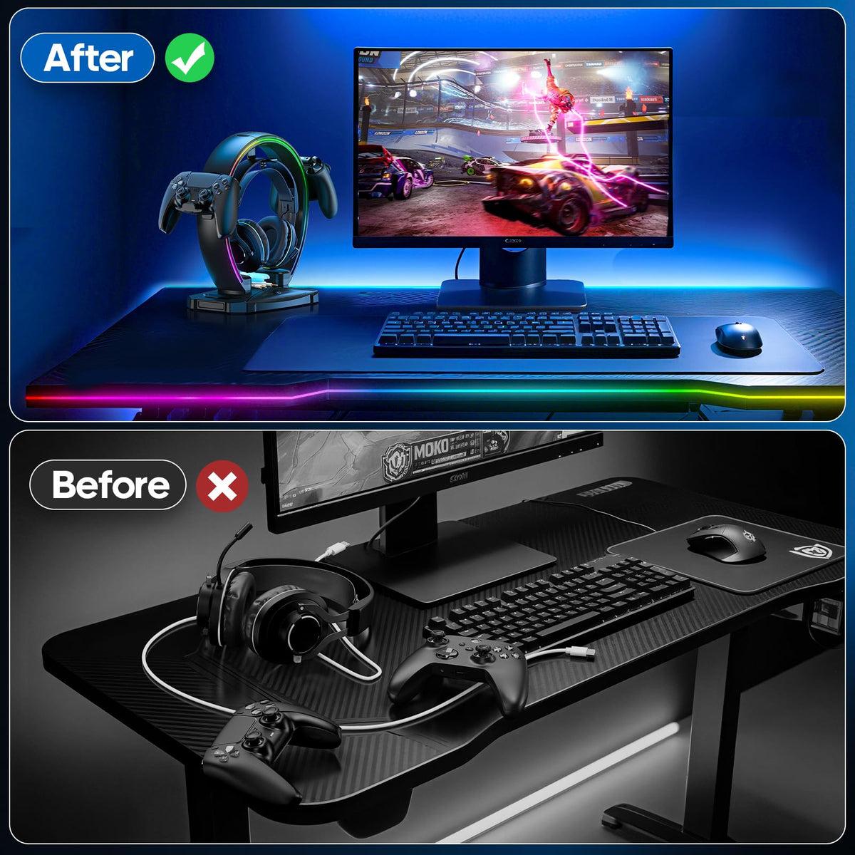 KDD RGB Headphone & Controller Stand with 9 Light Modes - Foldable Controller Hanger for Desk - Earphone Stand with Cable Organizer - for Gamers Desktop Accessories
