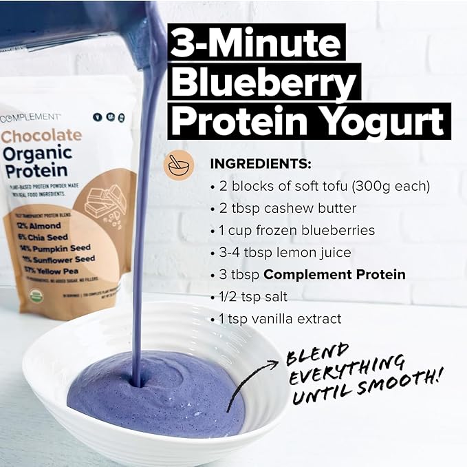 Complement Organic Chocolate Vegan Protein Powder (30 Servings) Low Carb, Low Calorie, Sugar Free, Soy Free, Non-GMO, Non Dairy - Yellow Pea, Pumpkin Seed - 15g Plant Based Protein Powder