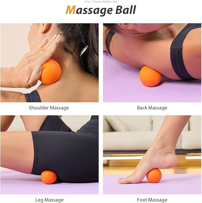 5 in 1 Foam Roller Set - Trigger Point Foam Back Roller, Muscle Roller Stick, Massage Ball, Stretching Band for Deep Muscle Massage Pilates Yoga,Fitness Exercise for Whole Body Release (Pure Orange)