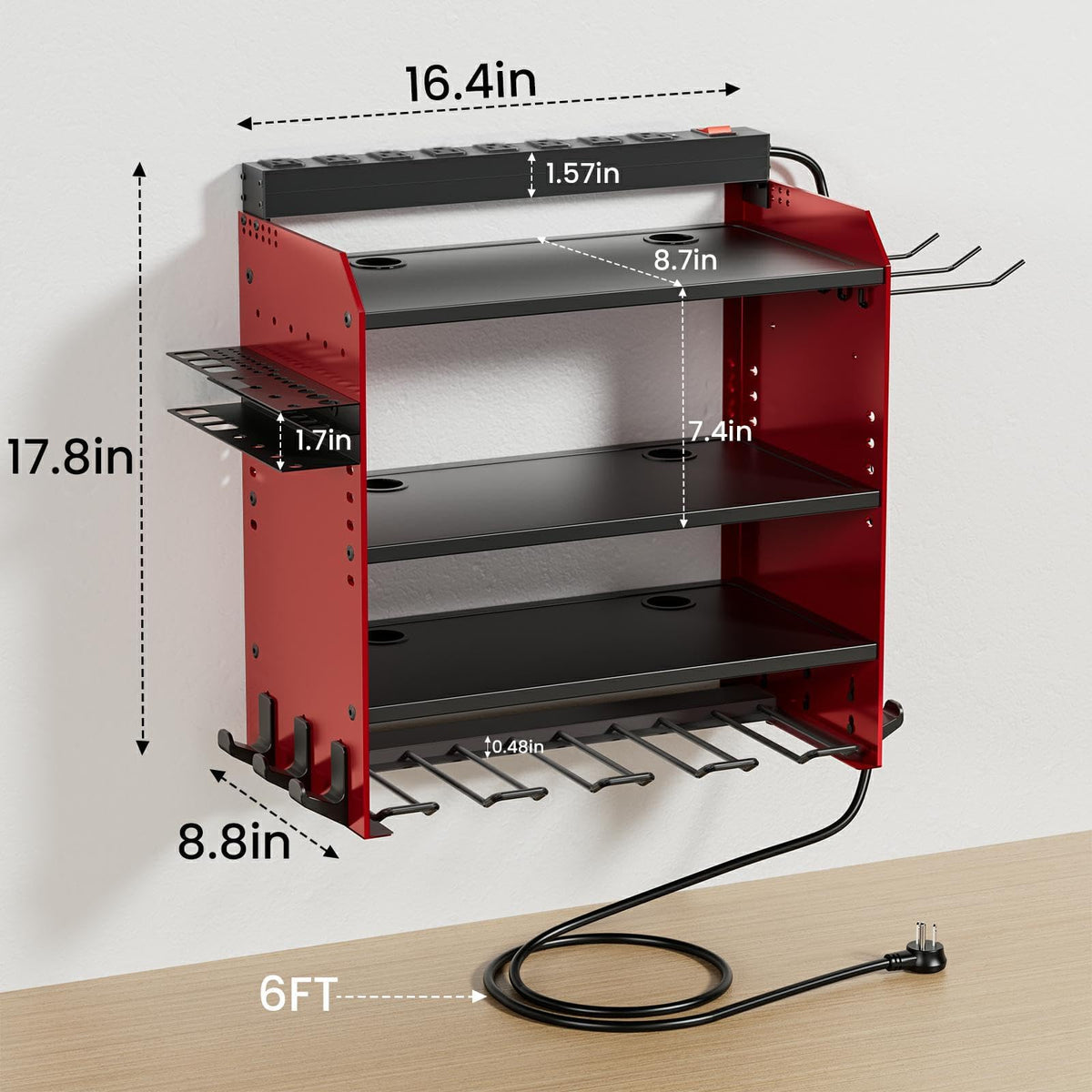 Power Tool Organizer Wall Mount with Charging Station, Garage 4 Drill Storage Shelf with Cordless Tool Holder, Heavy Duty Rack with 8 Outlet Power Strips and Hooks, Gift for Men, Husband (4 Layer)