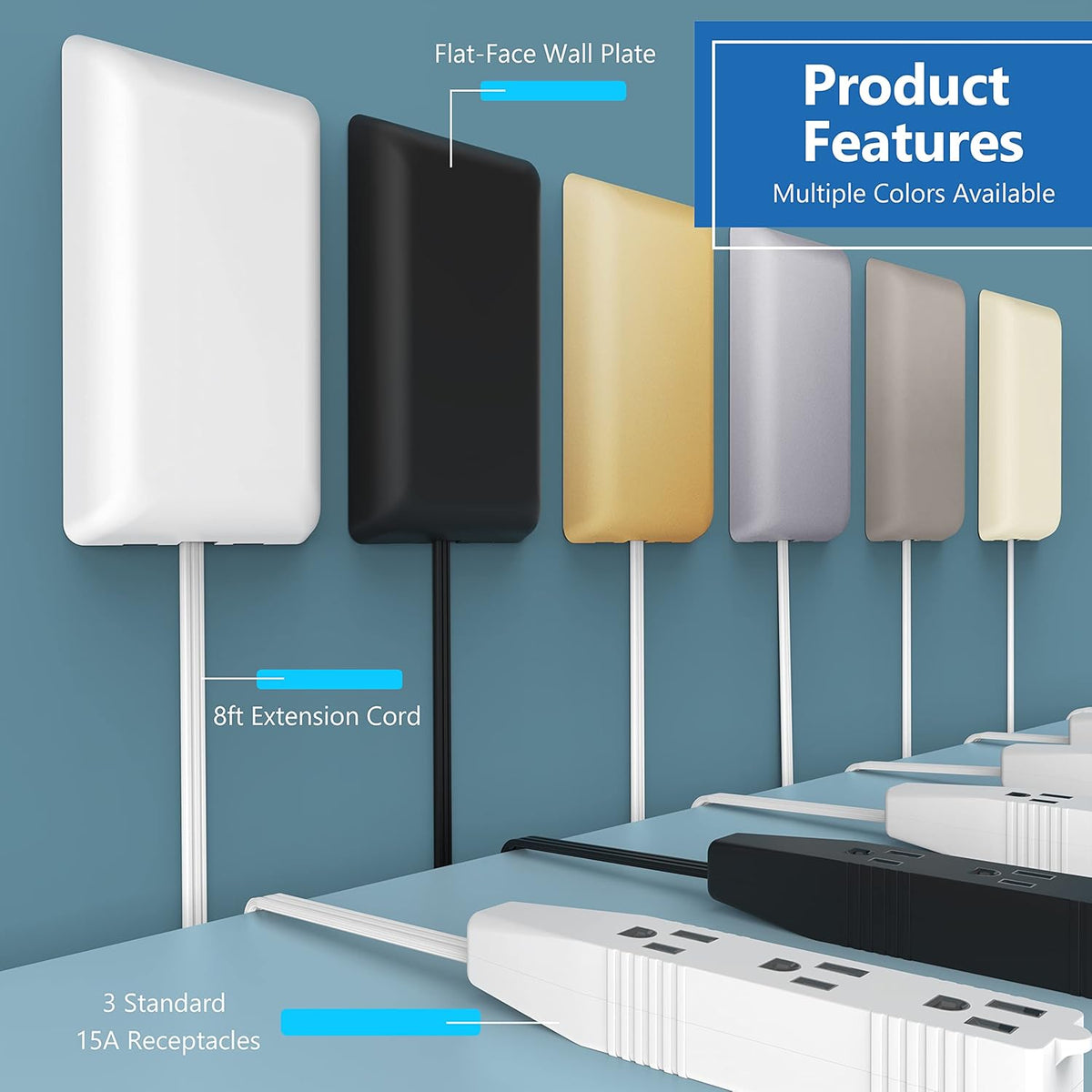 LIDER 3 3-Outlet 8ft LWE8-315-LA, Flat-Face Outlet Extender with Receptacles, Ultra-Thin Wall Plate Plug with Cord