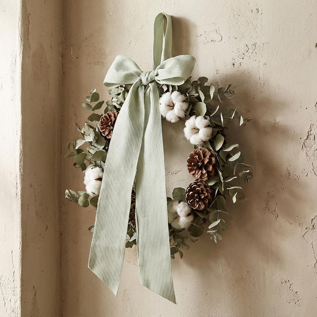 Skiennix Wreath Sash - Holiday Stripes Ribbon for Front Door | 5.1'' W x 59'' L, Green Striped