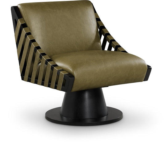 Meridian Furniture 33002Olive Millwin Collection Art Deco Swivel Accent Chair with Rich Olive Green Vegan Leather, Black Finish, Solid Wood Frame and Base, 28" W x 30" D x 32.5" H, Olive