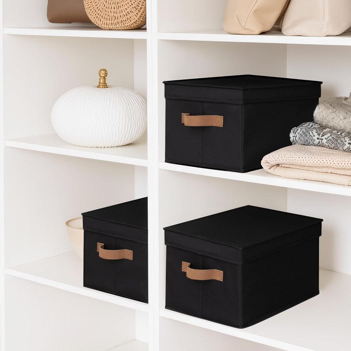 StorageWorks Black Storage Bins - Decorative Foldable Boxes with Lids & PU Handles | Large 3-Pack