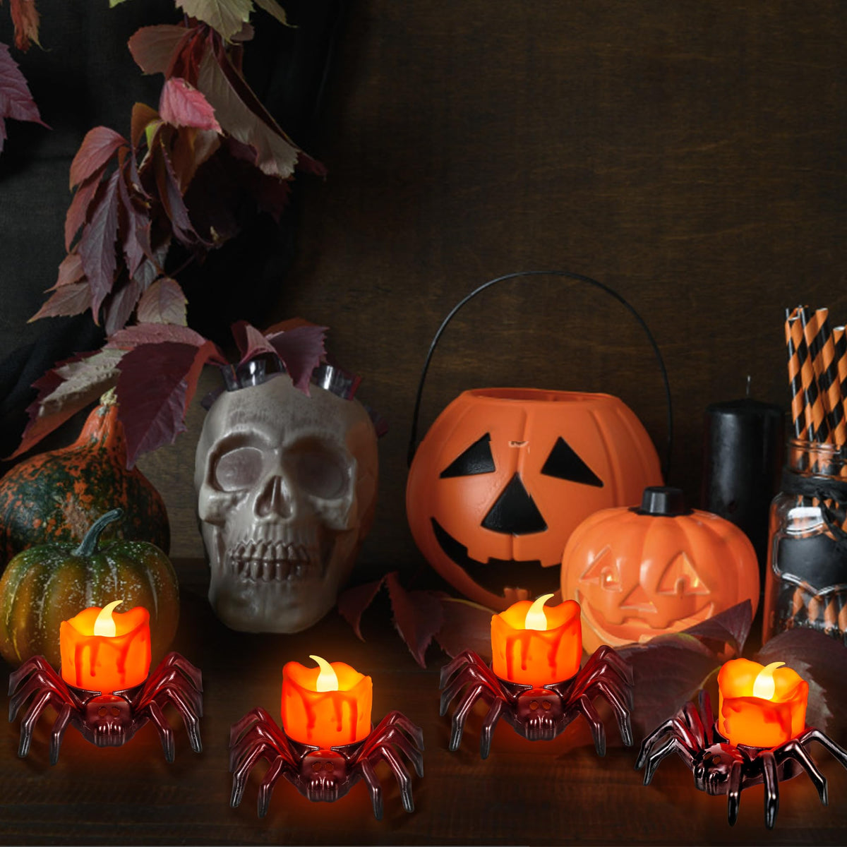6 PCS Halloween Tea Lights Candles, Battery Operated Halloween's Flameless LED Candles, Spider Tealights Spooky Electric Flickering Fake Candle for Halloween Party Decorations