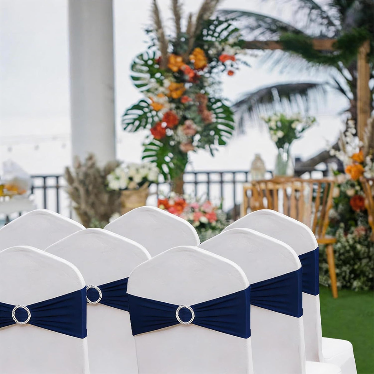 Skiennix Navy Blue Chair Sashes - 100 Pack Spandex Chair Bands with Buckles for Weddings & Events