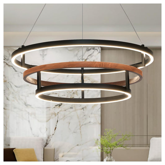 Three-Ring 48-inch glod Vintage Wood-Grain Farmhouse LED Chandelier with Remote Control and dimmable Brightness, Suitable for Dining Room, Kitchen, and Living Room. (glod-48)