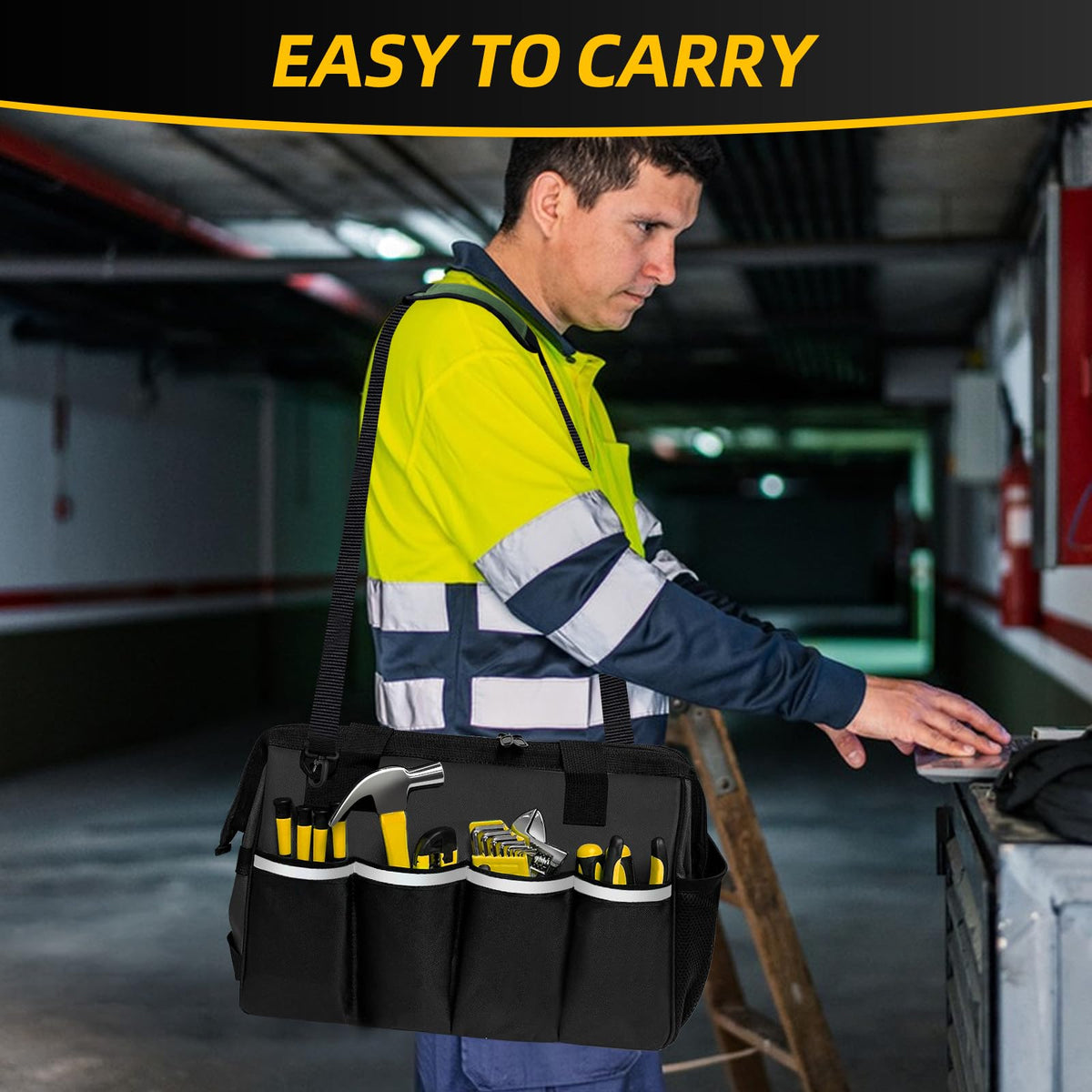 NECKORY Tool Bag, Portable Tool Box Organizer Adjustable Shoulder Strap, Carry Tool Tote Heavy Duty Tool Storage Bag With Wide Mouth,Tool Bags for Men Mechanic EngineerGift - M, Black