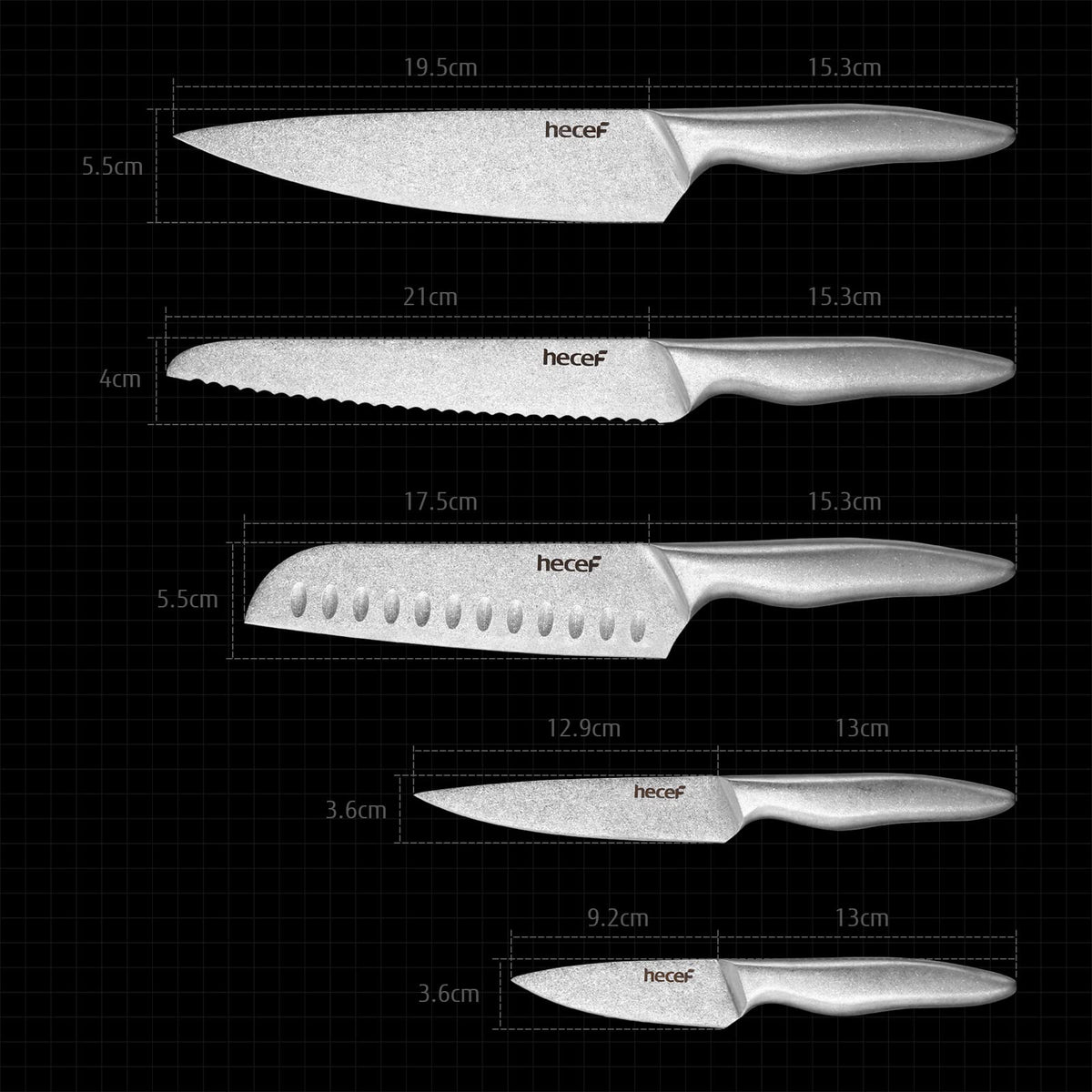 hecef Vintage Style Kitchen Knife Sets,Scratch Resistant Camping Matte Knives with 5 Slots Recycled Oxford Cloth Knife Roll Bag & Covers,Stonewashed High Carbon Stainless Steel Blades & Hollow Handle