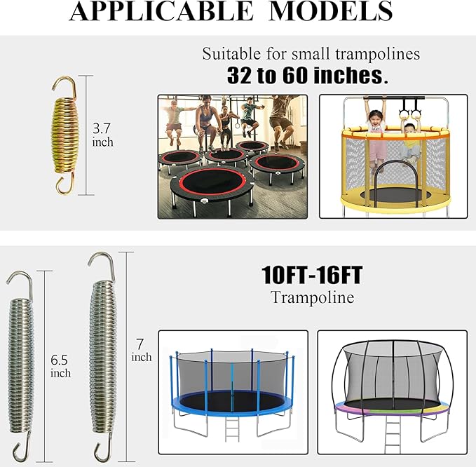 3.7'', 6.5'', 7'' Trampoline Springs,16pcs Heavy Duty Stainless Steel Replacement Trampoline Springs with T-Hook Tool Trampoline Accessories