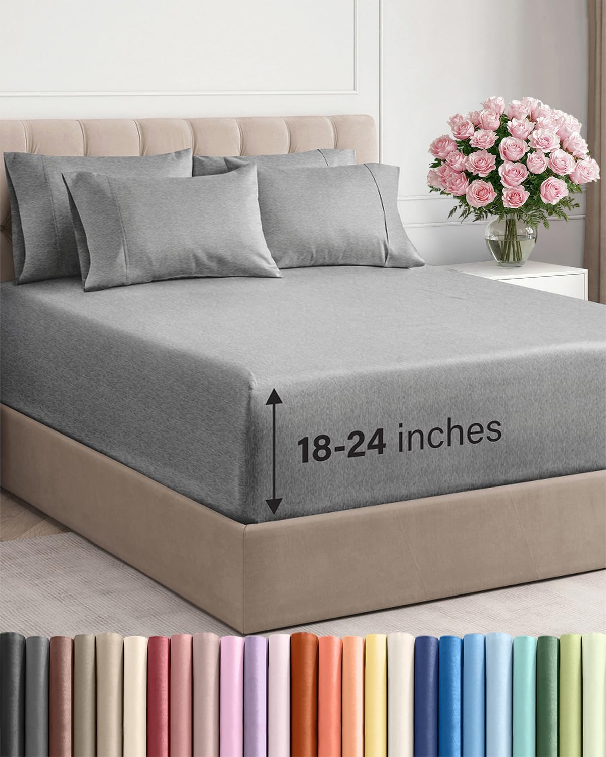 Skiennix Extra Deep Queen Sheet Set | 6-Piece Breathable Cooling Bedding - Soft, Wrinkle-Free - Heathered Grey