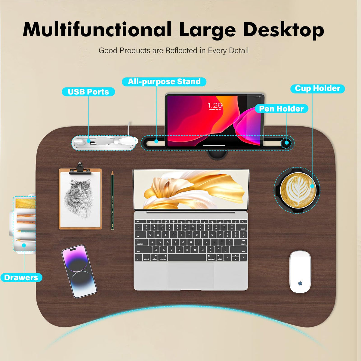 Lap Desk for Bed Adjustable Height, Foldable Bed Table with Storage Drawer, Tablet Slot & Cup Holder, Portable Laptop Stand for Bed & Sofa, Bed Desk for Adults & Kids, Walnut