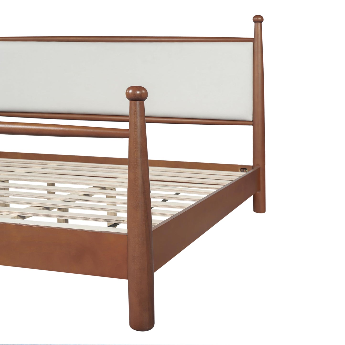 Merax Modern King Size Solid Wood Platform Bed with Upholstered Headboard, Mid-Century Low Bed Frame with Sturdy Wood Legs/No Box Spring Needed/Easy Assembly, Beige+Walnut