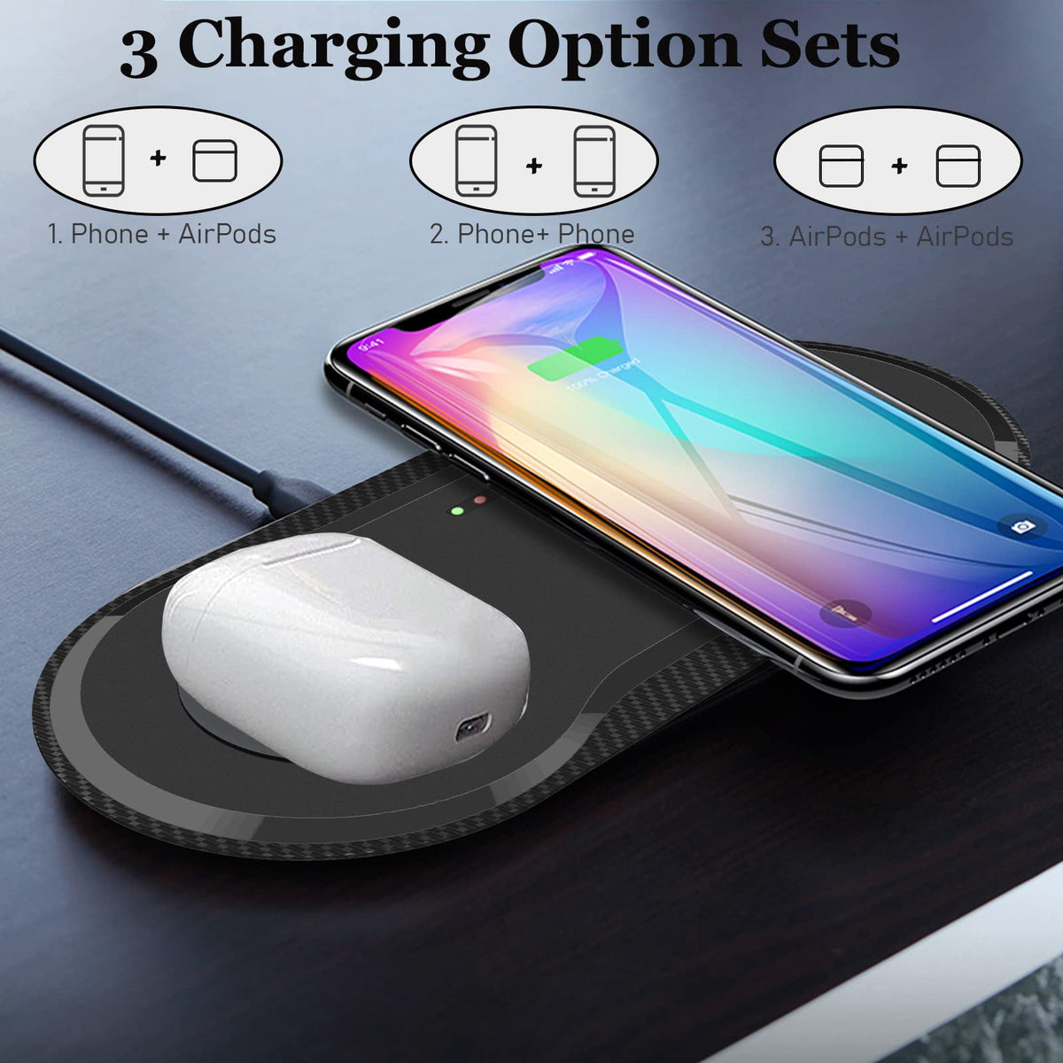 30W Fast Wireless Charger, Vchiming 2 in 1 Wireless Charging Pad, Dual 15W Wireless Charging Station for Galaxy iPhone AirPods Type C Cable Included, Black