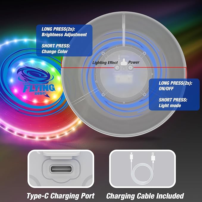 2 Pack Light up Flying Discs for Kids, Rechargeable Disc with 45 LEDs, 14 Lighting Modes(10") & Built-in Battery Disc(7.8"), Glow in The Dark Flying Ring for Beach/Summer Camping/Outdoor Sport