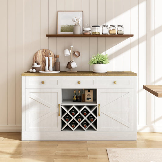 JGOEI 55.12" Kitchen Cabinet Storage, Farmhouse Coffee Bar with Power Outlet, Wood Cabinet with 3 Drawer, Removable Wine Rack for Dining Room, Kitchen, Living Room, White