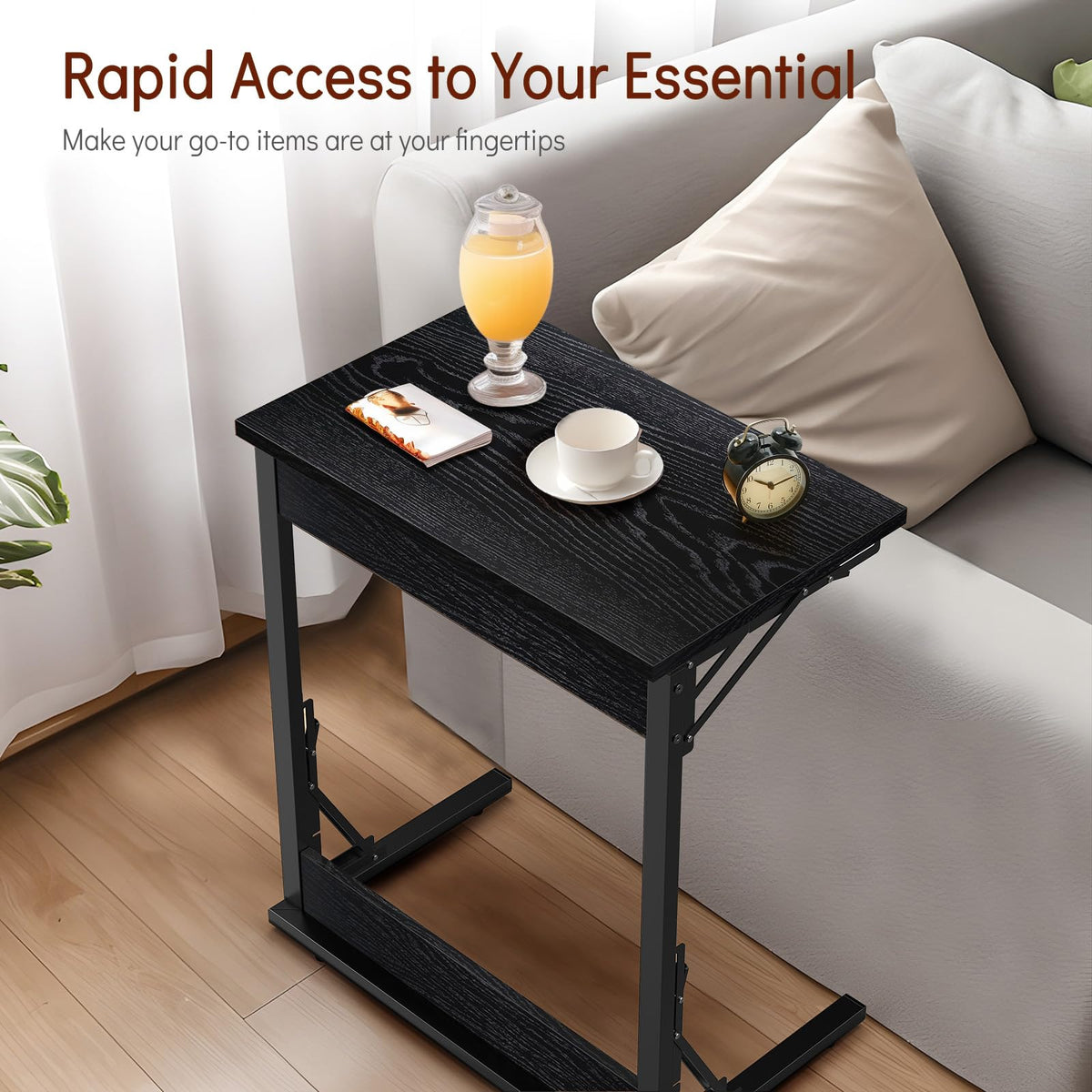 Tatub 24" Folding C Shaped End Table, Small Sofa Side Laptop Desk, Couch TV Tray Table for Living Room, Bedroom, Dark Black