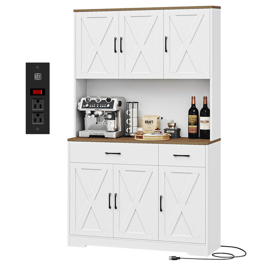 HOSTACK 71" Pantry Cabinet with Charging Station, Tall Kitchen Pantry Storage Cabinet with Microwave Stand, Farmhouse Kitchen Hutch with Storage Drawers for Living Room, Dining Room, White
