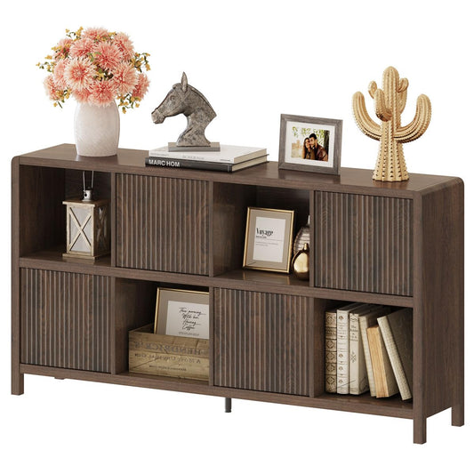FATORRI 8 Cube Storage Organizer Bookshelf with Storage, Horizontal Bookcase with 4 Doors, Long Wooden Book Shelf for Living Room, Home Office (Dark Walnut)
