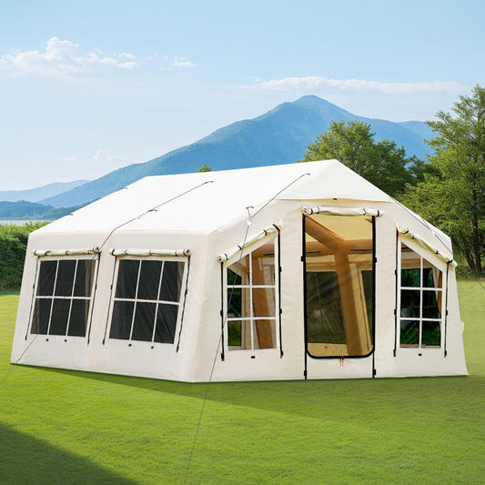 KNUO 2026 Upgraded Waterproof Inflatable Camping Tent for Winter with Rain Cover for 4~6 People, Large Blow-Up Air Tent, No Assembly Needed Luxury Glamping House, 12x12ft Oxford Fabric, Beige