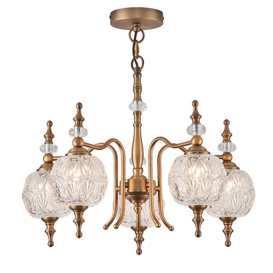 TLOLGT Chandeliers Vintage 5 Lights Brass Glass Pendant Lighting Fixtures Rustic Style Chandelier Matte Brushed Antique Brass Finish with Crystal Glass Shade for Kitchen Island Farmhouse