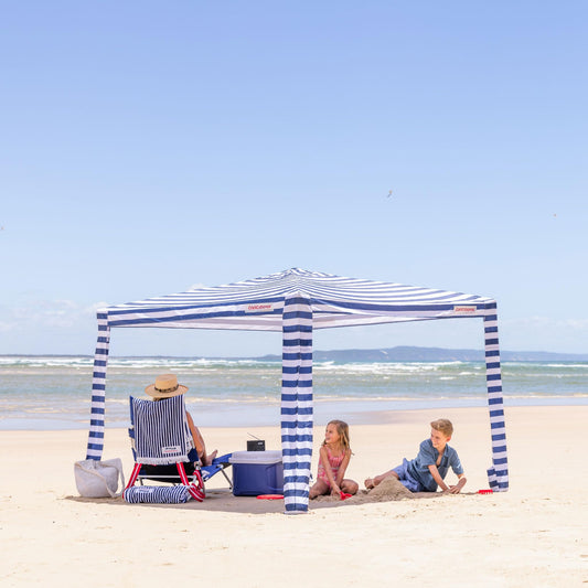 CoolCabana Beach Shade Tent - Easy Setup, UPF 50+ Protection, Large & Medium Sizes, Compact & Wind Resistant - Beach Cabana for The Whole Family - Navy Stripes, Large