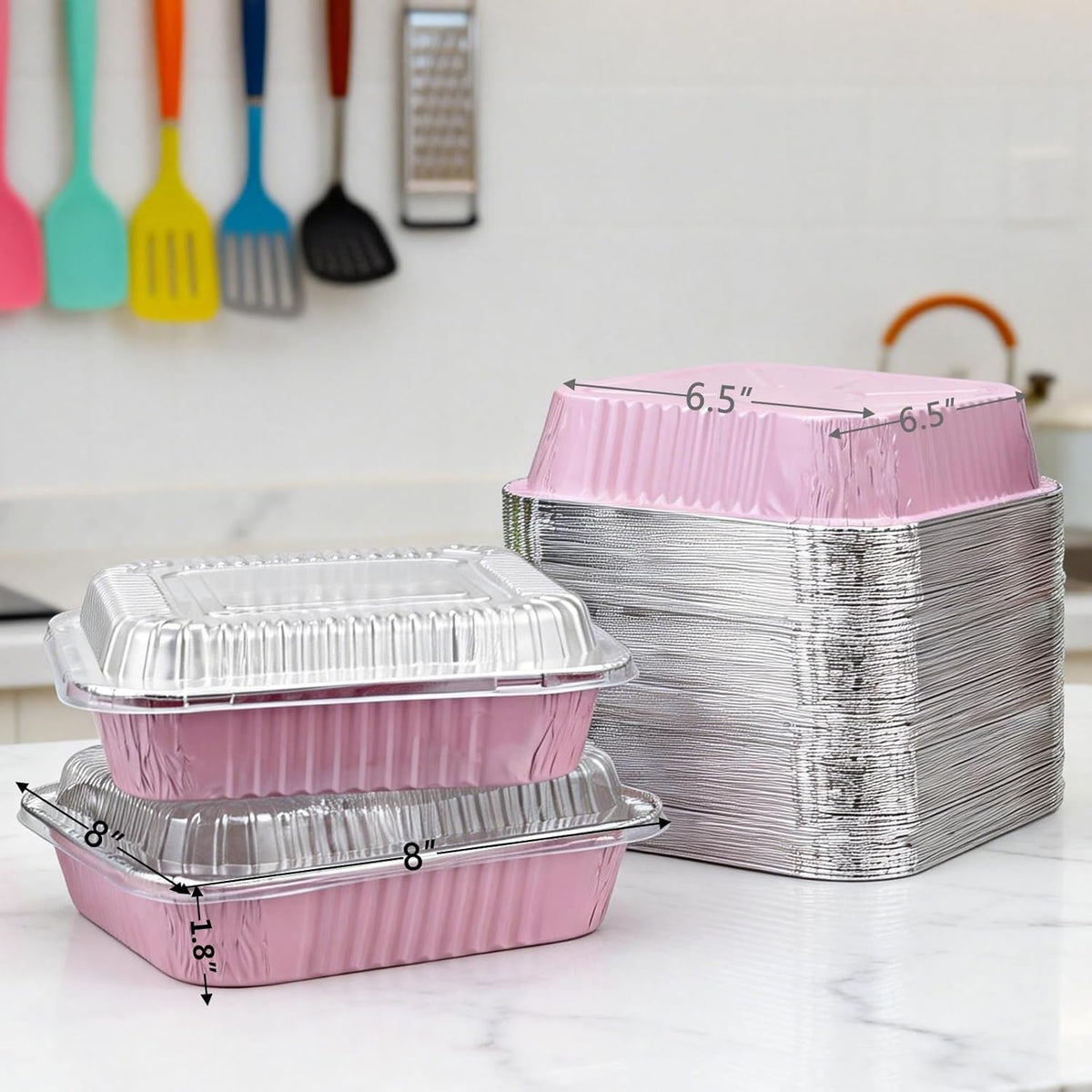 Regine Switzerland 35-Pack Pink 8x8 Inch Disposable Aluminum Pans - Includes Lids, Stickers & Spoons for Parties