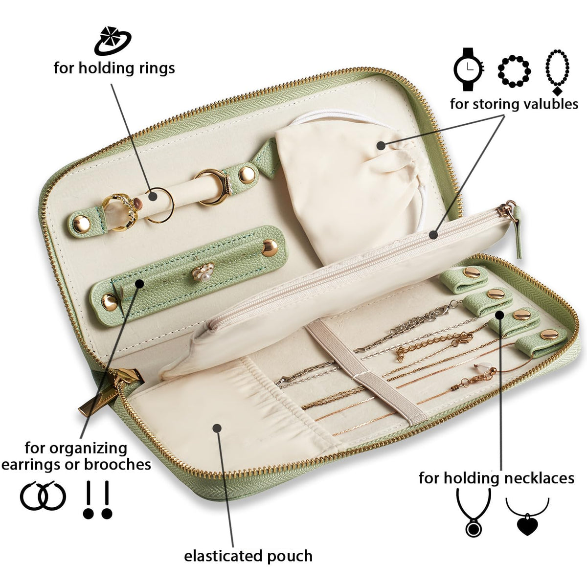 FEMIECHO Travel Jewelry Organizer Case - for Tangle-Free Necklaces, Earrings, Rings, Bracelets Storage, Travel Essentials, Fashion Portable Jewelry Travel bags for Women - Medium Macaron Green