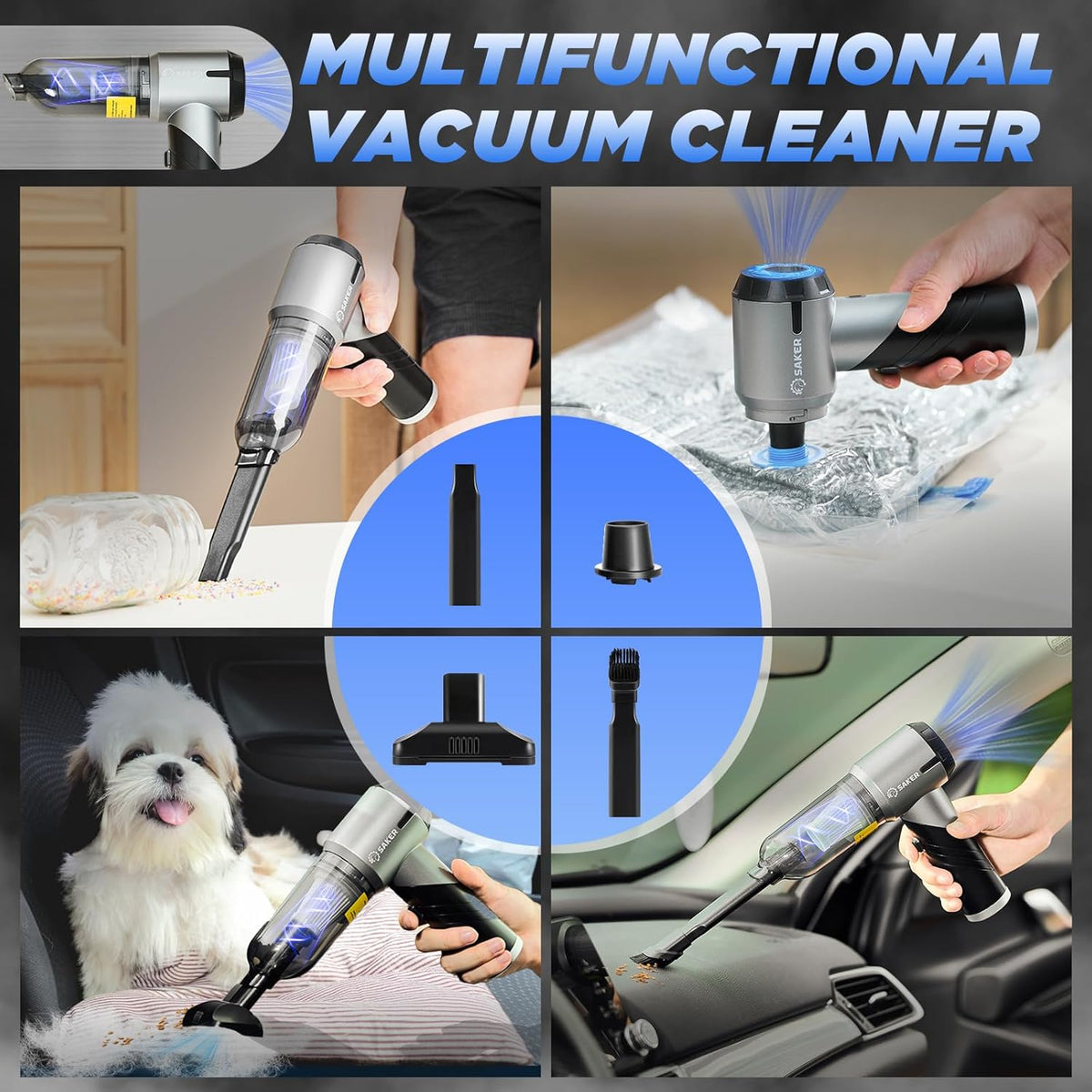 Saker Handheld Car Vacuum - Portable Cordless 17000PA Mini Air Duster & Blower | Rechargeable, Foldable, Black