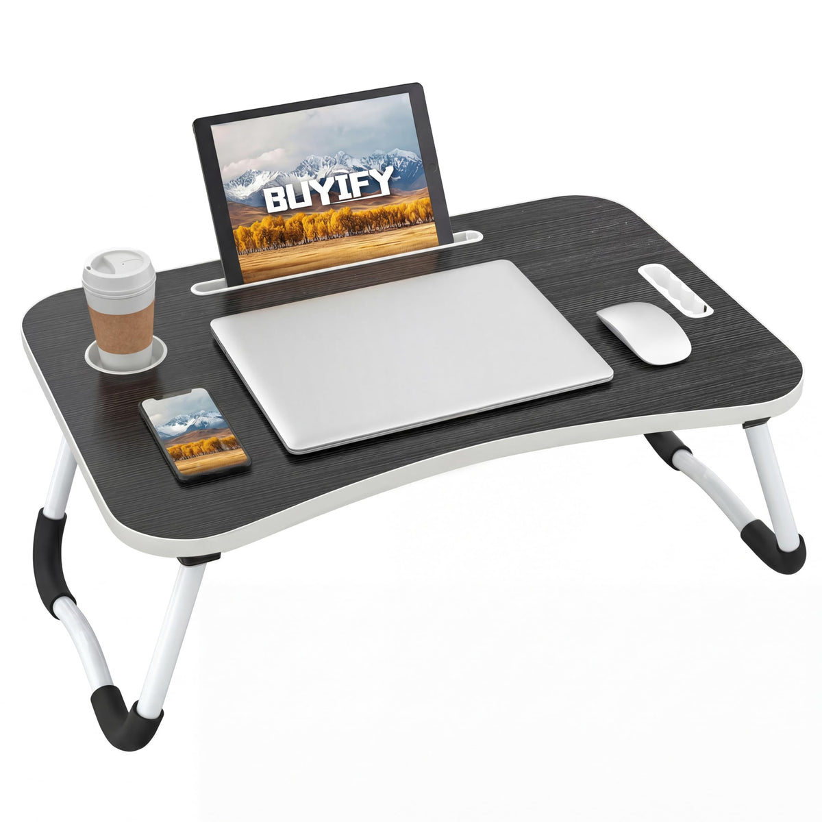 BUYIFY Foldable Lap Desk for Laptop & Writing - 23 inch Bed Tray Table with Cup Holder & Tablet Slot - Portable Notebook Stand for Eating, Sofa, Couch & WFH Students (Black)