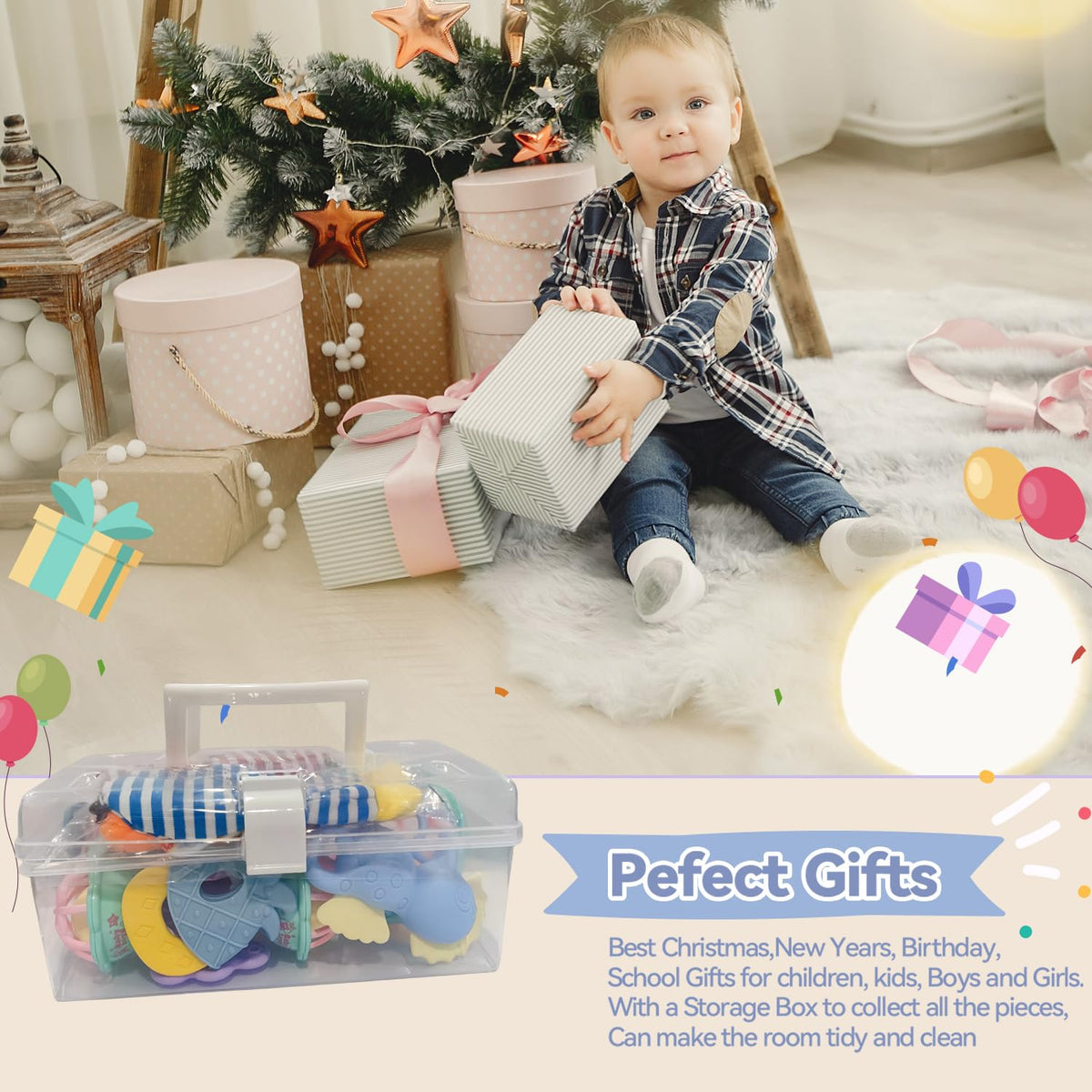 15PCS Rattles for Babies 0-6 Months - BPA-Free Baby Rattles 0-3, 6-12 Months for Newborn Soft Teething Toys Infant Toys with Wrist & Ankle Rattles, Baby Gift Set with Box for Hand-Eye Coordination