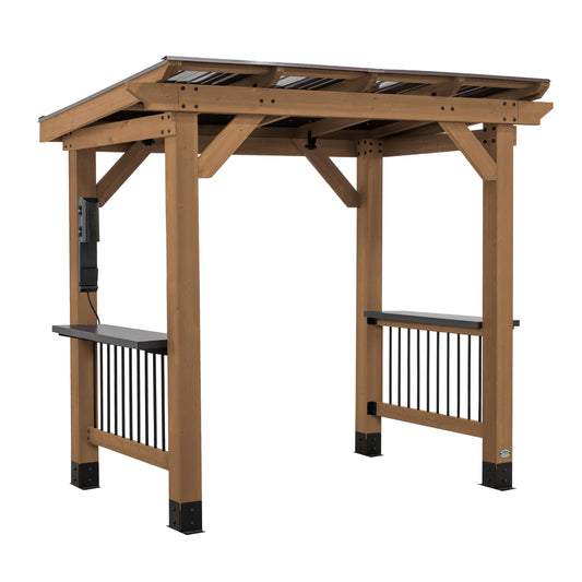Backyard Discovery Saxony 8' x 5' Cedar Wood BBQ Grill Gazebo Pavilion with Hardtop Galvanized Steel Roof, Bar Tops, Powerport, Snow Support, Wind Resistance, Cook Station for Outdoor Patio or Deck