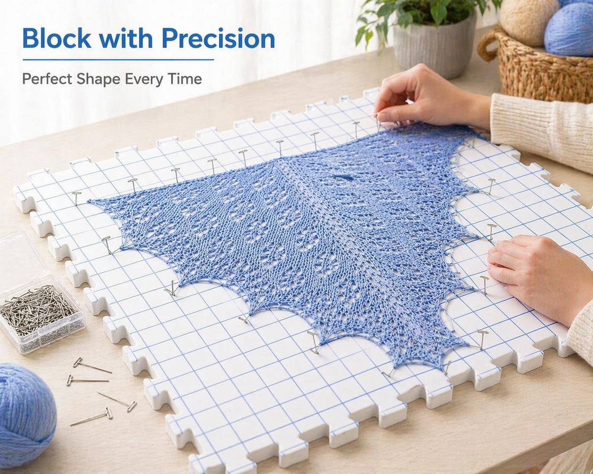 IRSTBL Knitting Blocking Mats Set – 9 Interlocking Foam Mats with Gridlines, 100 T Pins, 20 Locking Stitch Markers and Storage Bag – Crochet Blocking Boards Kit
