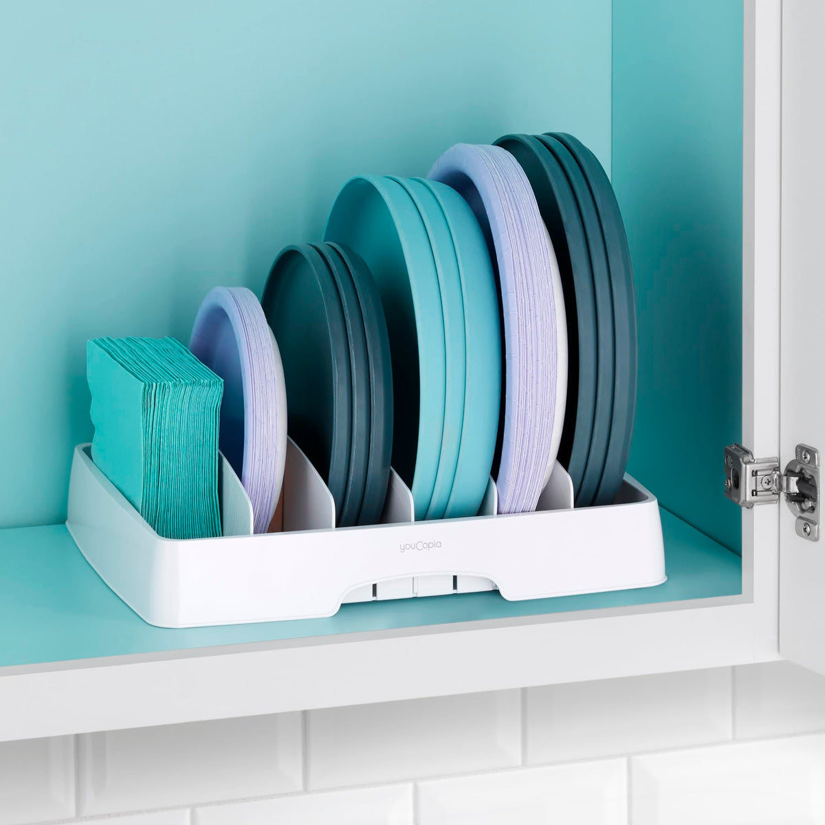 YouCopia StoraLid Food Container Lid Organizer for Kitchen Cabinet Storage with 5 Adjustable Dividers, 10.5''D × 13.4''W × 3.3''H, Large Classic Edition, White