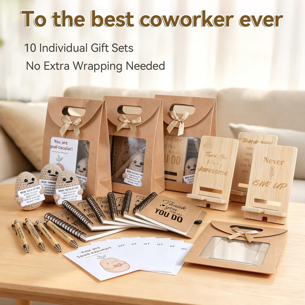 60 PCS/10 Sets Teacher Employee Appreciation Gifts Bulk – Thank You Gifts for Coworkers with Kraft Paper Gift Bags,Greeting Card,Inspirational Notebooks,Phone Stand,Team Gift for Staff, Nurse, Office