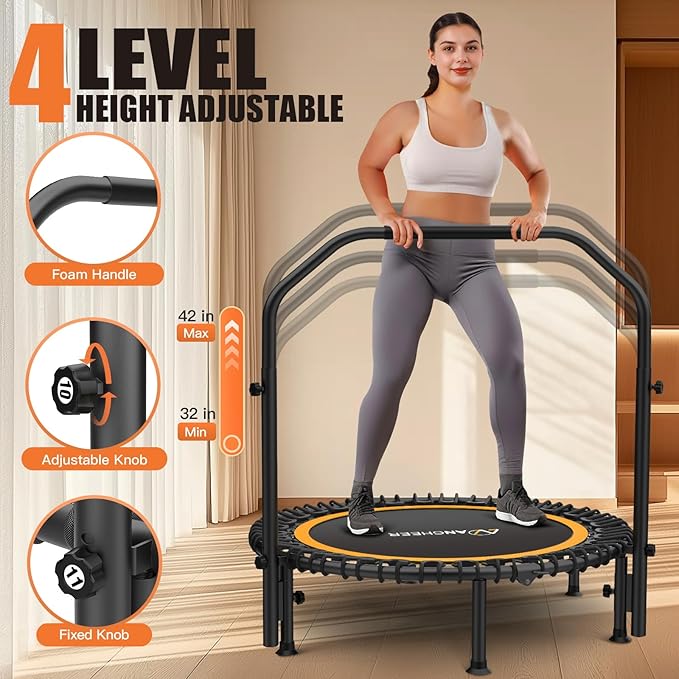 ANCHEER 40"/48" Foldable Rebounder Trampoline for Adults/Kids with Resistance Bands and Bungees, Indoor & Outdoor Mini Trampoline with Bar and Safety Padding - Max Load 450lbs/550lbs