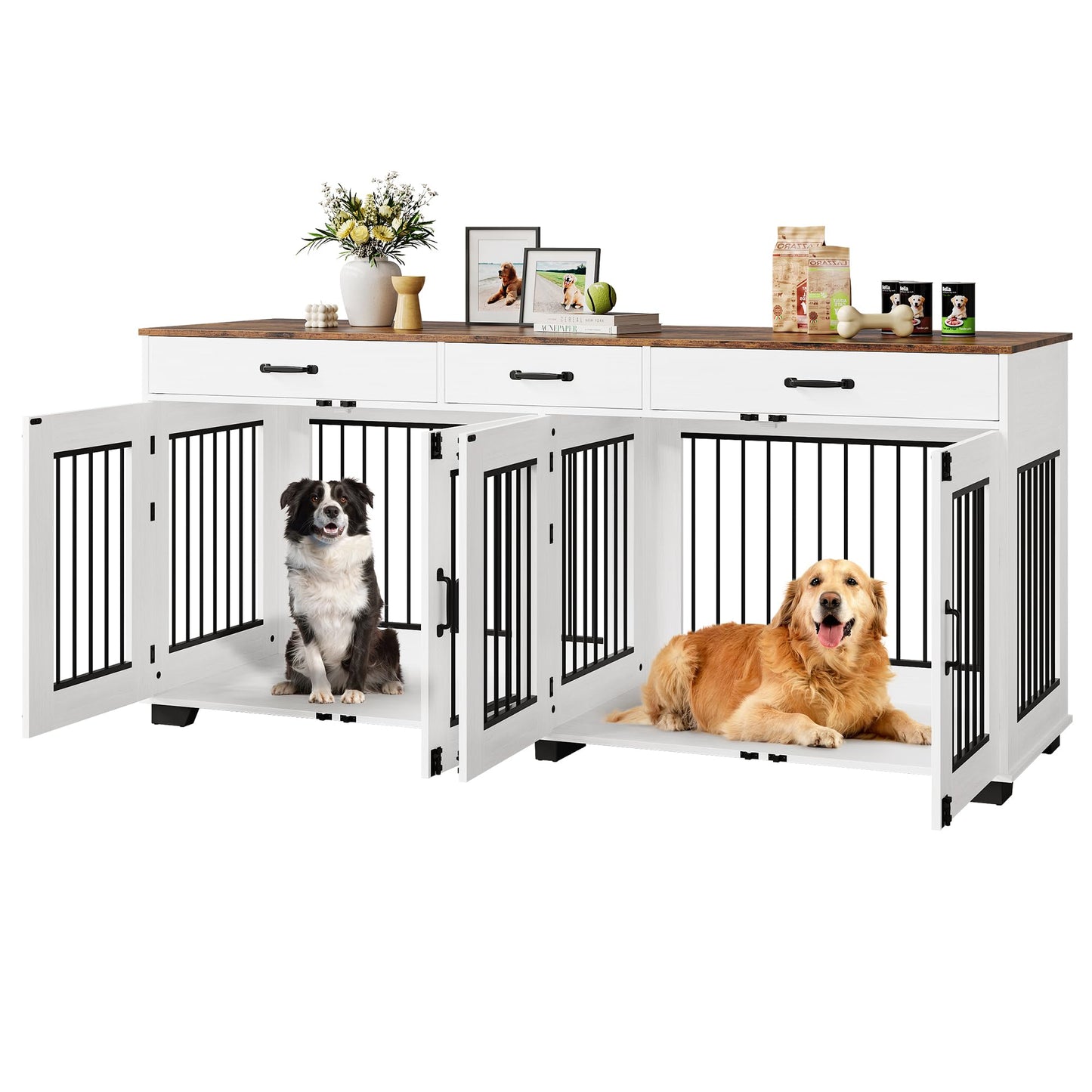 Garvee 71" Dog Crate Furniture for 2 Dogs, Heavy Duty Indoor Dog Kennel TV Stand, XL Wooden Dog Cage with Divider for Medium Large Dogs, End Table Dog Crate