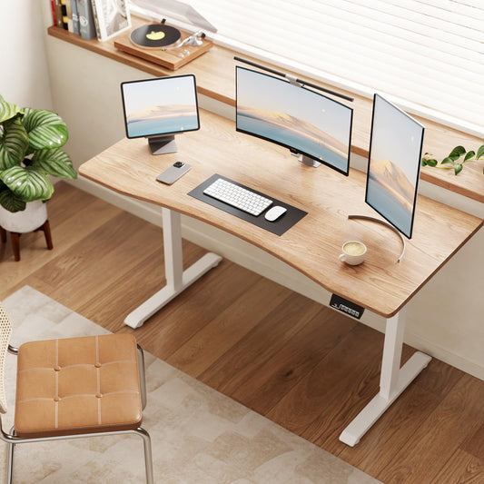 Solid Wood Electric Standing Desk 55"x23.6"Home Office Desk,Adjustable Workbench with 3 Stages Single Motor, Computer Workstation with T-Shaped Metal Bracket,Walnut Standing Table for Gaming(1 Box)