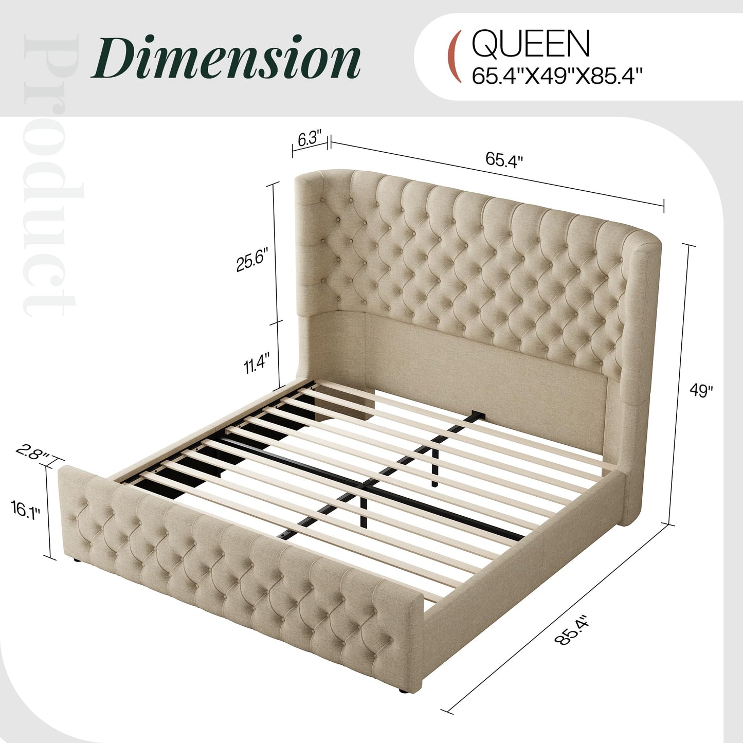 Jocisland Queen Size Platform Bed Frame, 6.3" Thick Upholstered Curved Wingback Headboard and Footboard with Deep Button Tufted, Easy Assembly, No Box Spring Needed, Khaki Linen