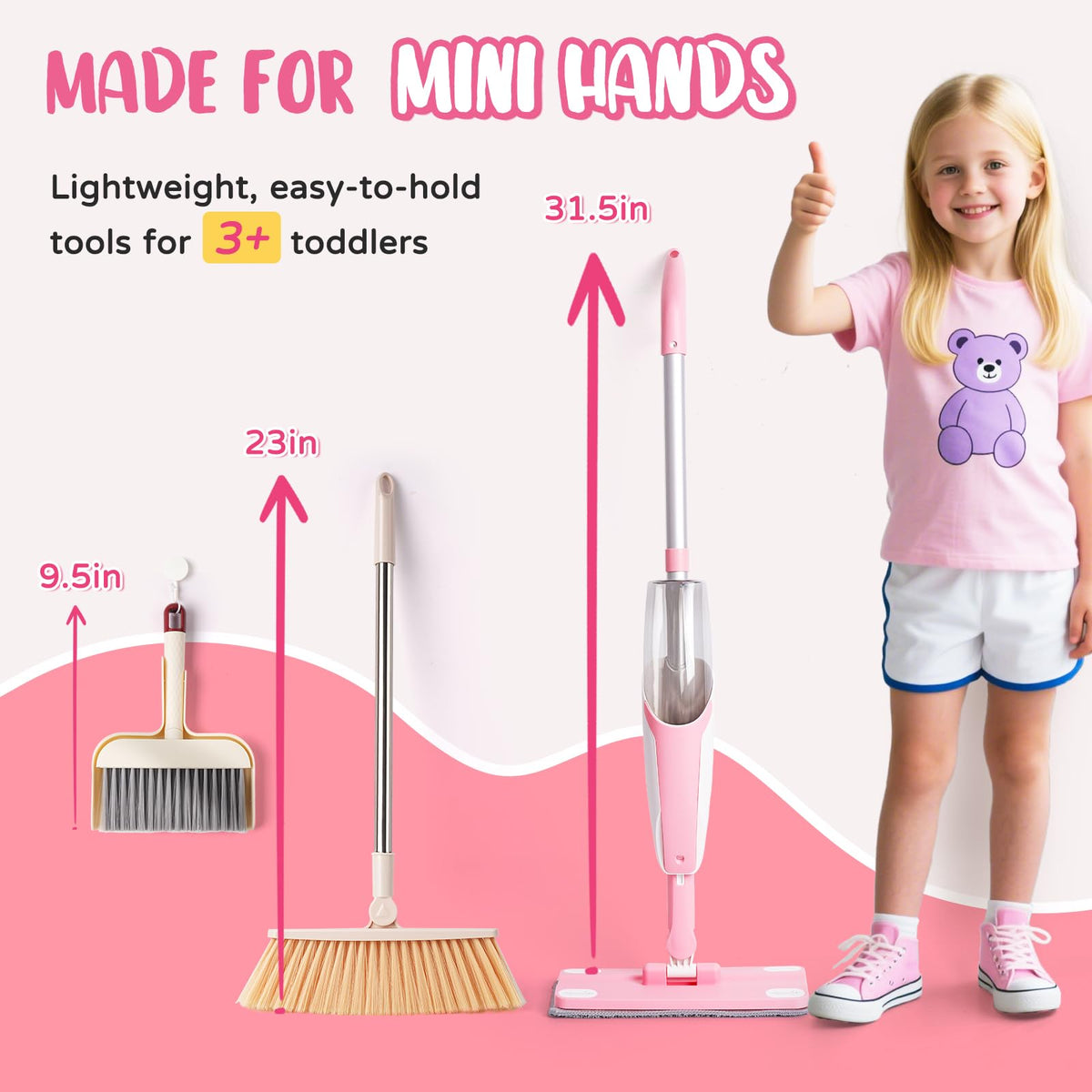 Kids Cleaning Toy Set,Pink Mini Spray Mop Montessori Toys Pretend Play Cleaning Tool for Toddlers with Spray Mop & Kids Broom Dustpan Set Cleaning Toys Gift for Toddlers Girls Boys Age 3+